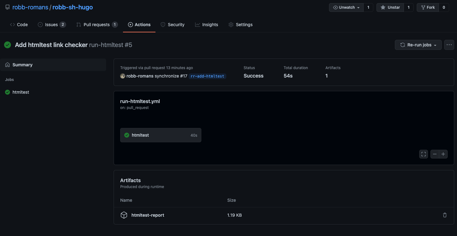 Details of the run-htmltest action view