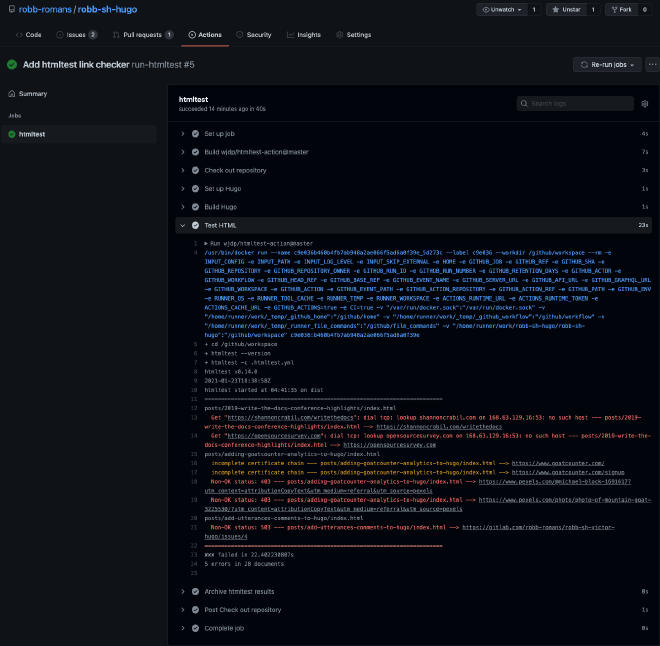 Output from htmltest showing broken links